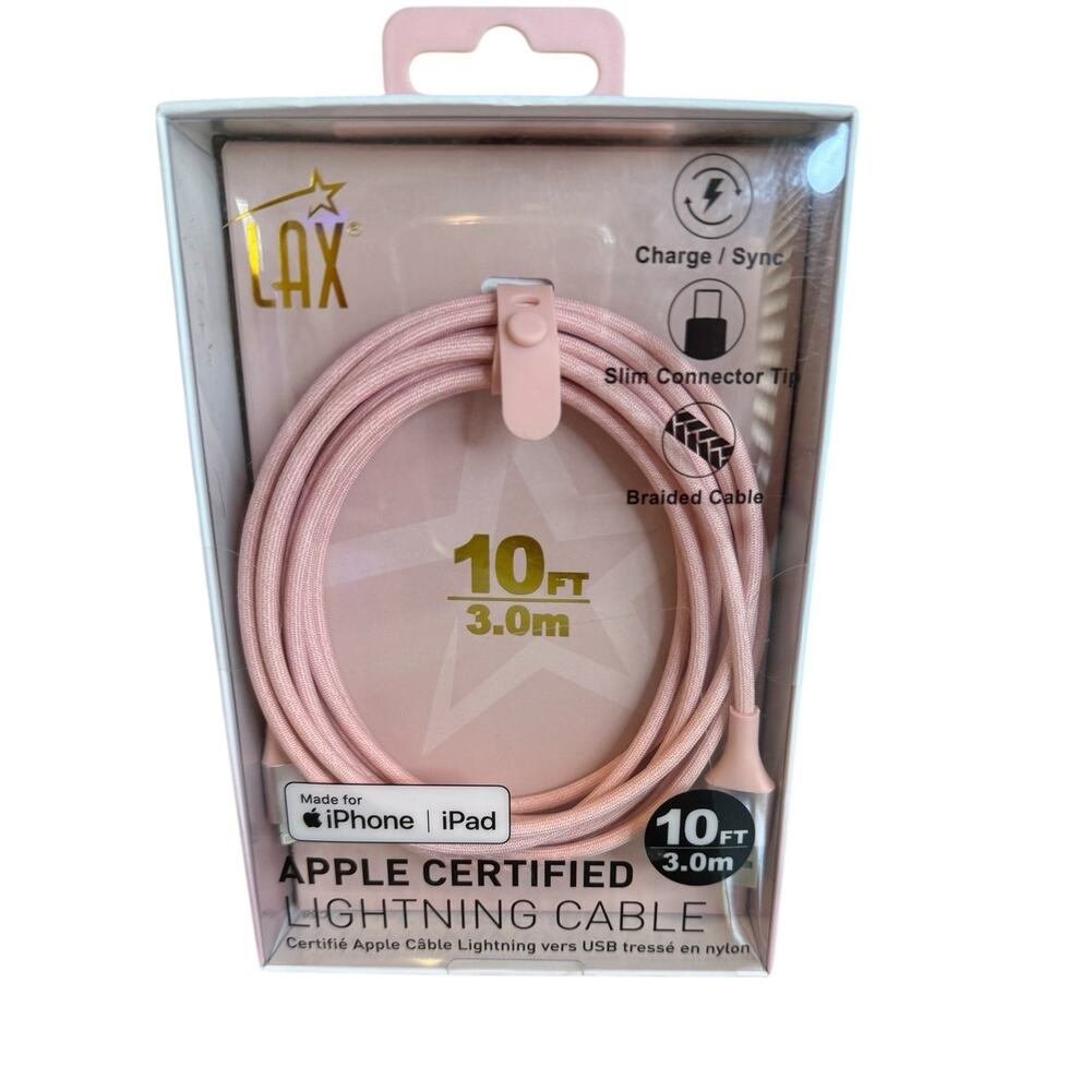 LAX Apple Certified Lightning Charging Cable Pink 10ft